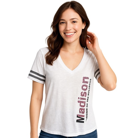 Boxercraft Sporty Slub Tee White V-Neck Madison Bulldogs Graphic Striped Varsity - Picture 1 of 11